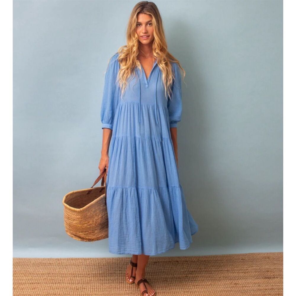 Honorine Women's Giselle Blue Tie-Dye Boho Trapeze Dress Medium